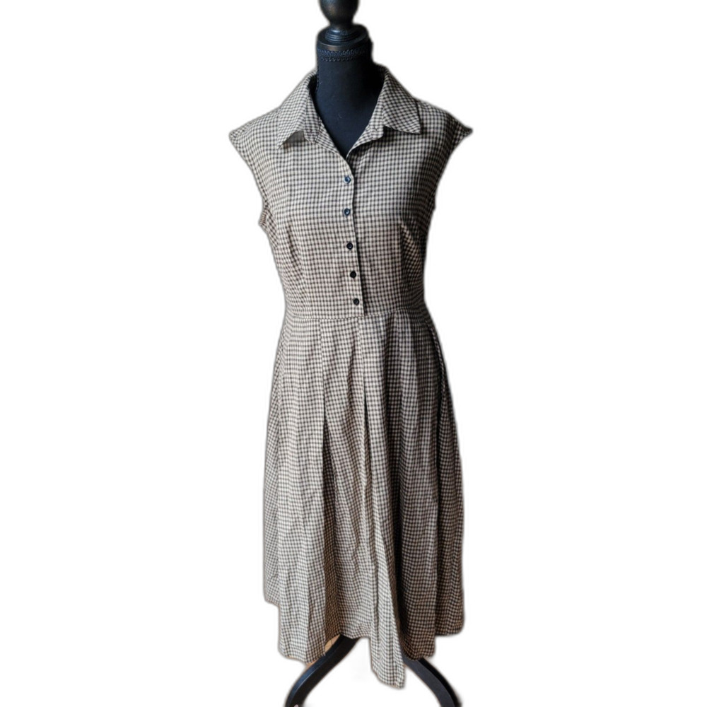 RIHOAS Brown Plaid Gingham Button-Down Pleated Midi Shirt Dress NWT Size S